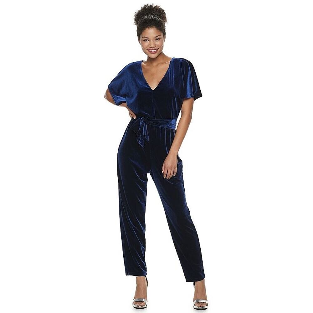 Lily Rose Juniors Velvet Jumpsuit Size XL Blue Belted Flutter Sleeves V-neck NWT